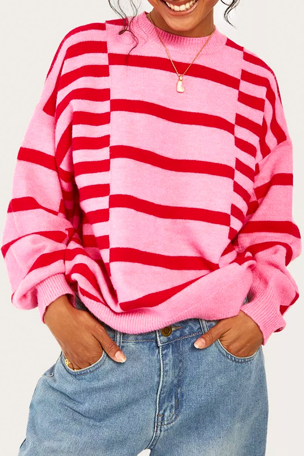 Stripe Bubble Sleeve Crewneck Sweater