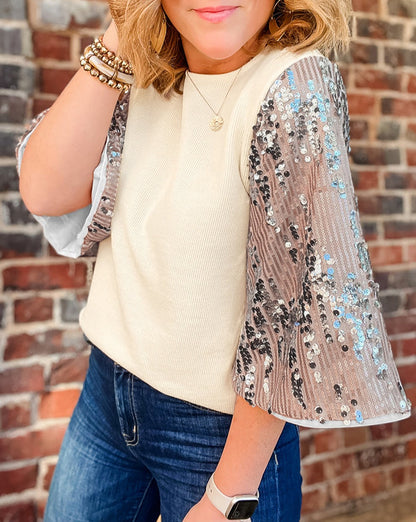 Sequin Colorblock Bell Sleeve Blouse