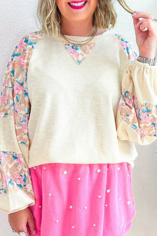 Floral Ribbed Puff Sleeve Top Plus Size