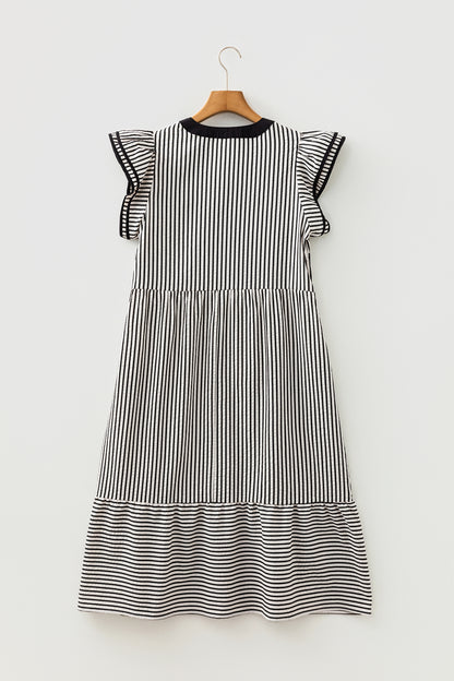 Stripe Ruffle Short Sleeve V-Neck Midi Dress