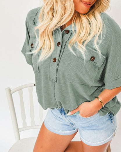 Collared Short Sleeve Buttoned Blouse