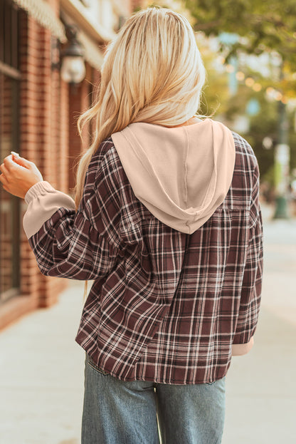 Plaid Quarter-Button Patchwork Long Sleeve Hooded Blouse