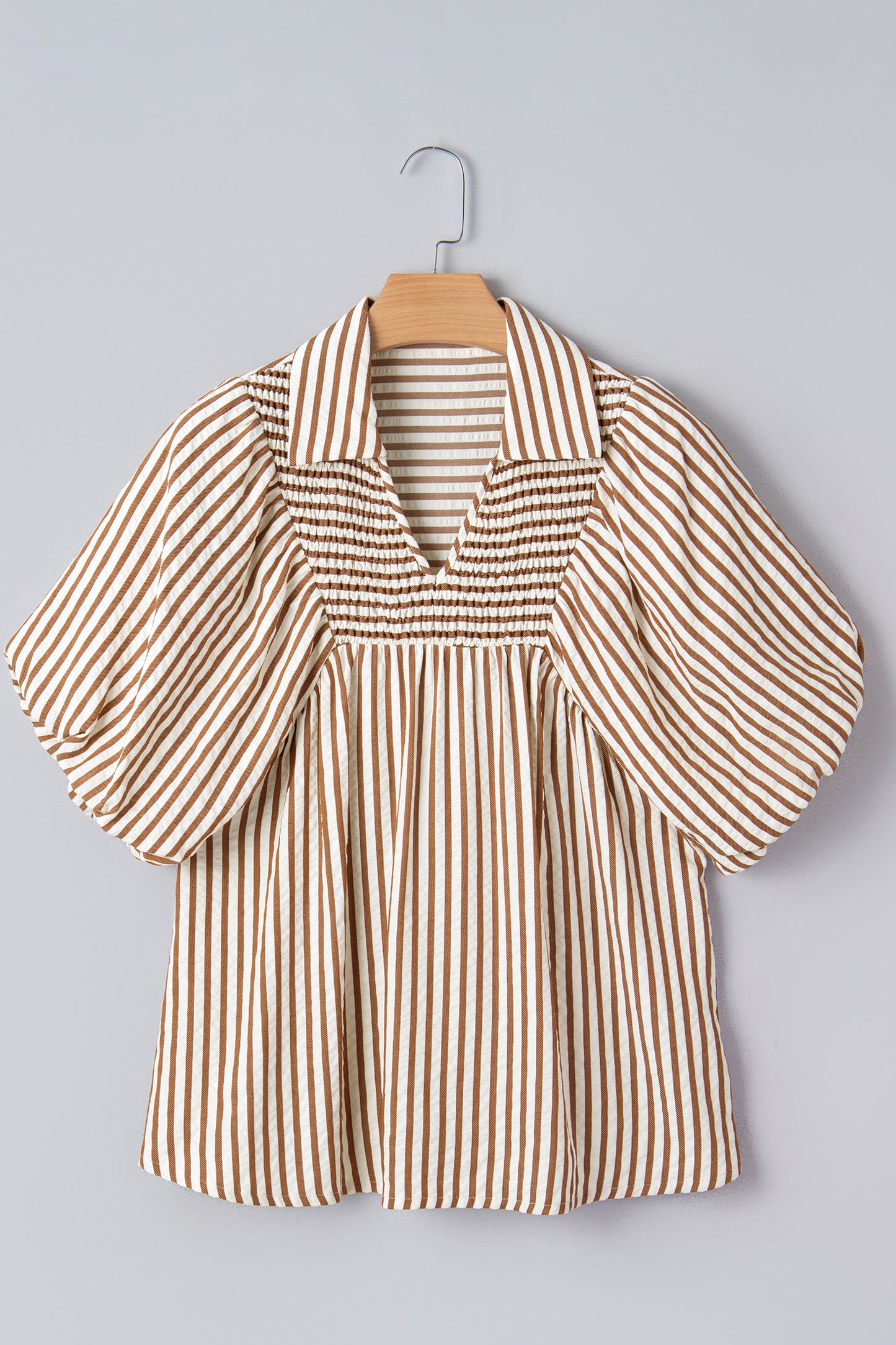 Stripe Shirred V-Neck Short Puff Sleeve Blouse