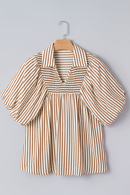 Stripe Shirred V-Neck Short Puff Sleeve Blouse