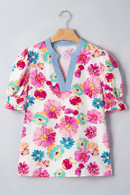 Floral Stripe Trim V-Neck Puff Sleeve Blouse