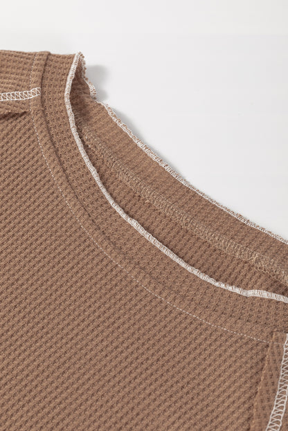 Solid Waffle Knit Round Neck Long Sleeve Top