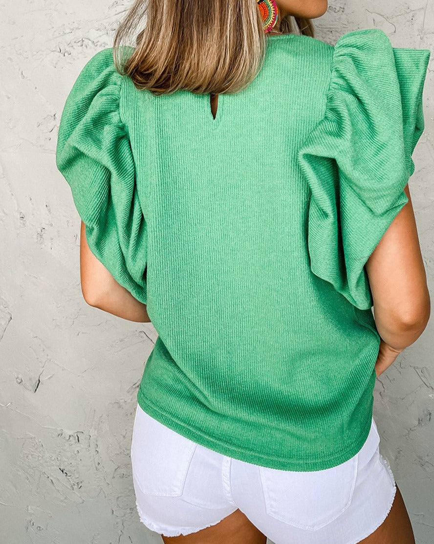 Ribbed Ruffle Puff Sleeve Blouse