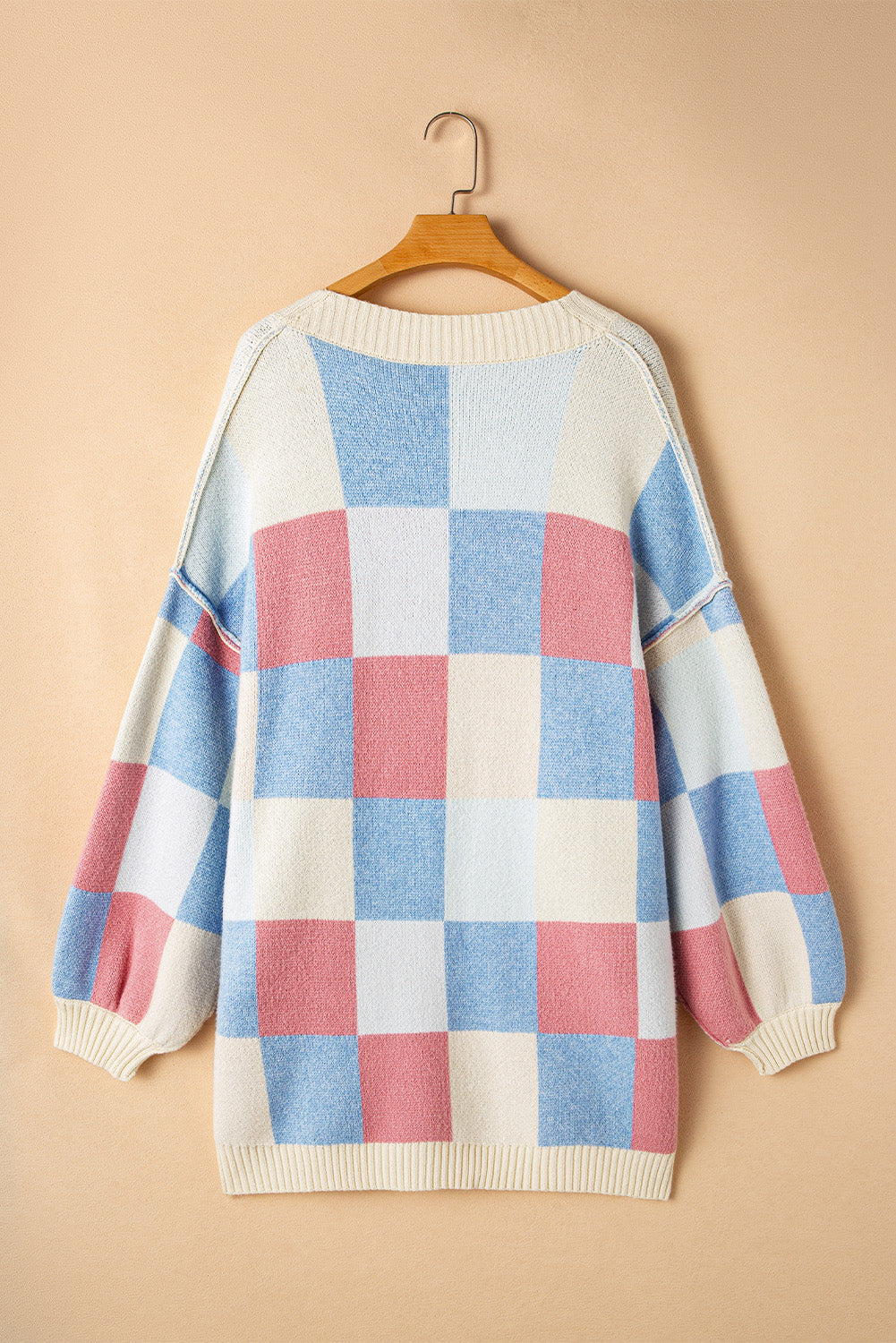 Checker Reverse Seam Open Front Cardigan