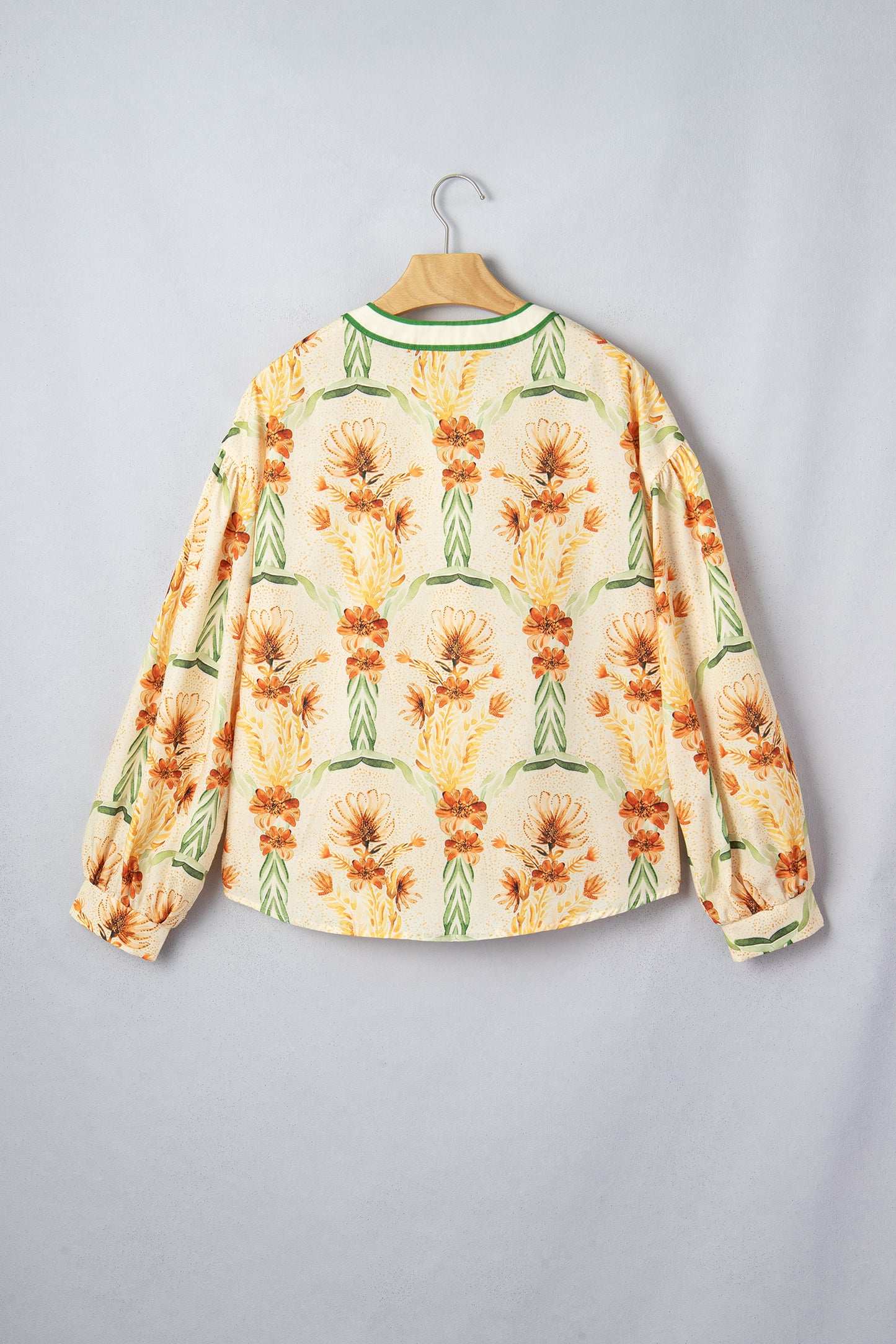 Floral Stripe Contrast V-Neck Puff Long Sleeve Blouse