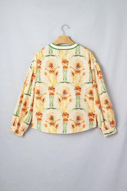 Floral Stripe Contrast V-Neck Puff Long Sleeve Blouse
