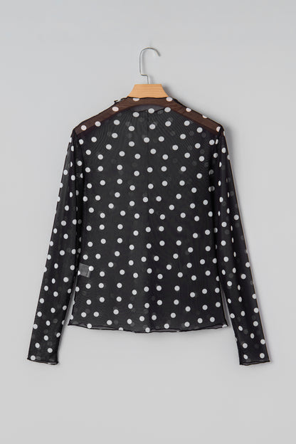 Polka Dot Mesh Mock Neck Long Sleeve Top