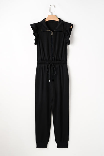 Solid Zipper Flutter Sleeve Jumpsuit