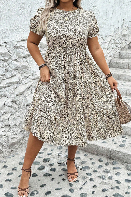 Plus Size Leopard Short Sleeve Flared Dress