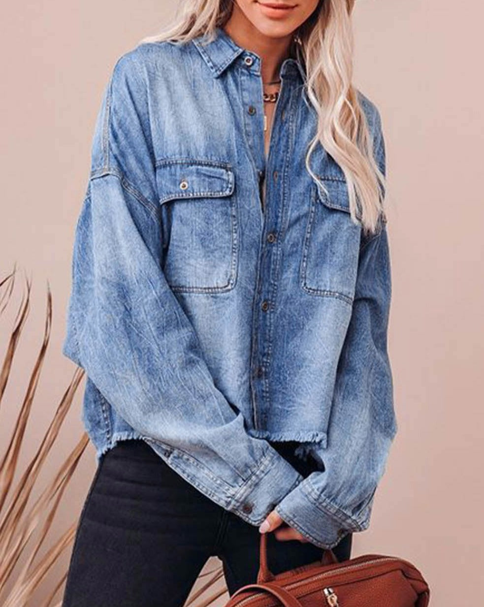 Denim Raw Hem Pocketed Shacket