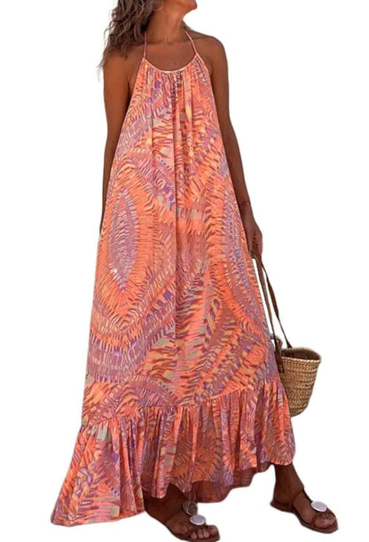 Abstract Halterneck Ruffle Maxi Dress