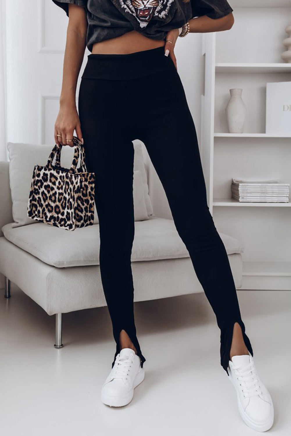 Ribbed High Waist Slit Leggings