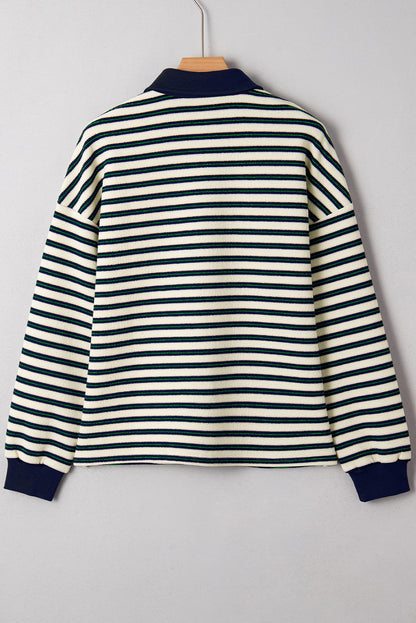 Stripe Contrast Trim Collared Zip Long Sleeve Top