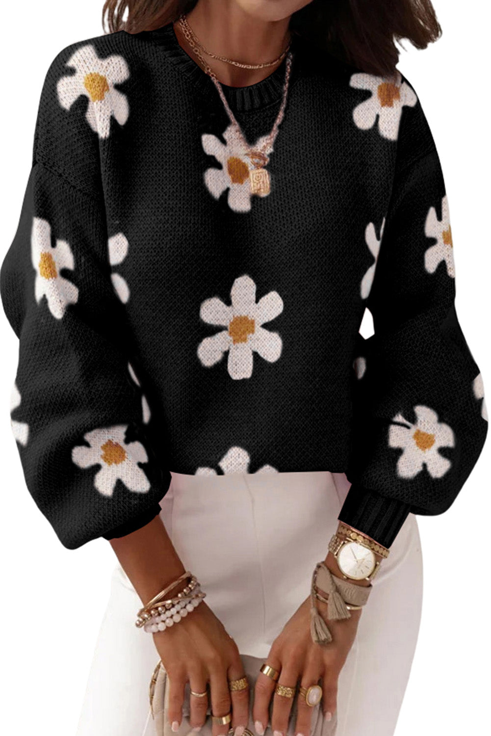 Floral Drop Shoulder Crewneck Sweater