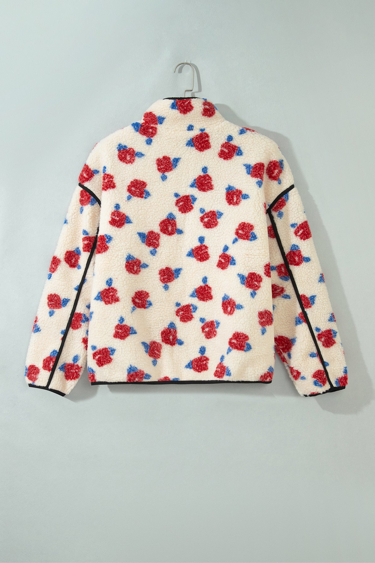 Floral Fleece Contrast Trim Zip Up Coat