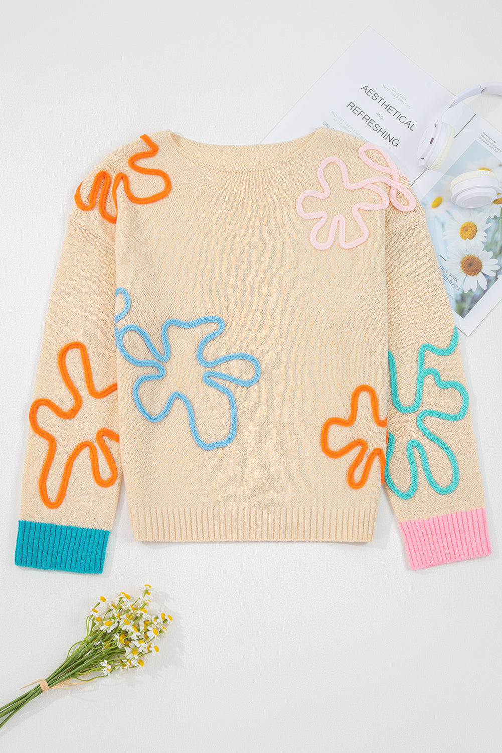 Colorblock Flower Cuffed Long Sleeve Sweater