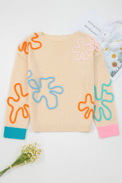 Colorblock Flower Cuffed Long Sleeve Sweater