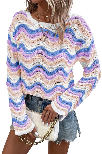 Wavy Stripe Pointelle Knit Sweater