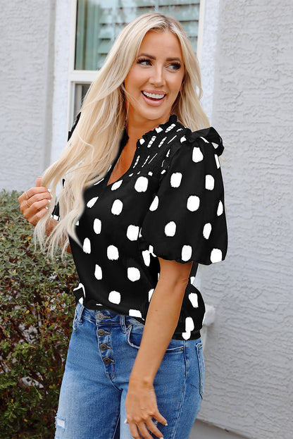 Polka Dot Shirred Notched Neck Balloon Sleeve Blouse