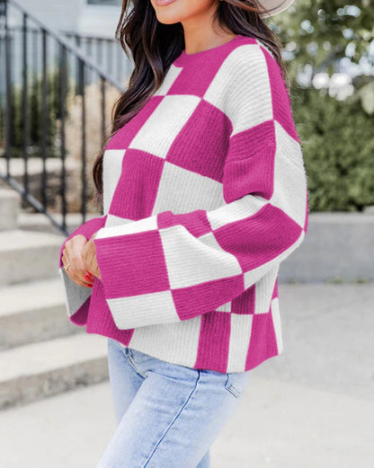 Checker Round Neck Baggy Sweater