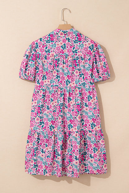 Floral Collared Half-Placket Short Sleeve Mini Dress