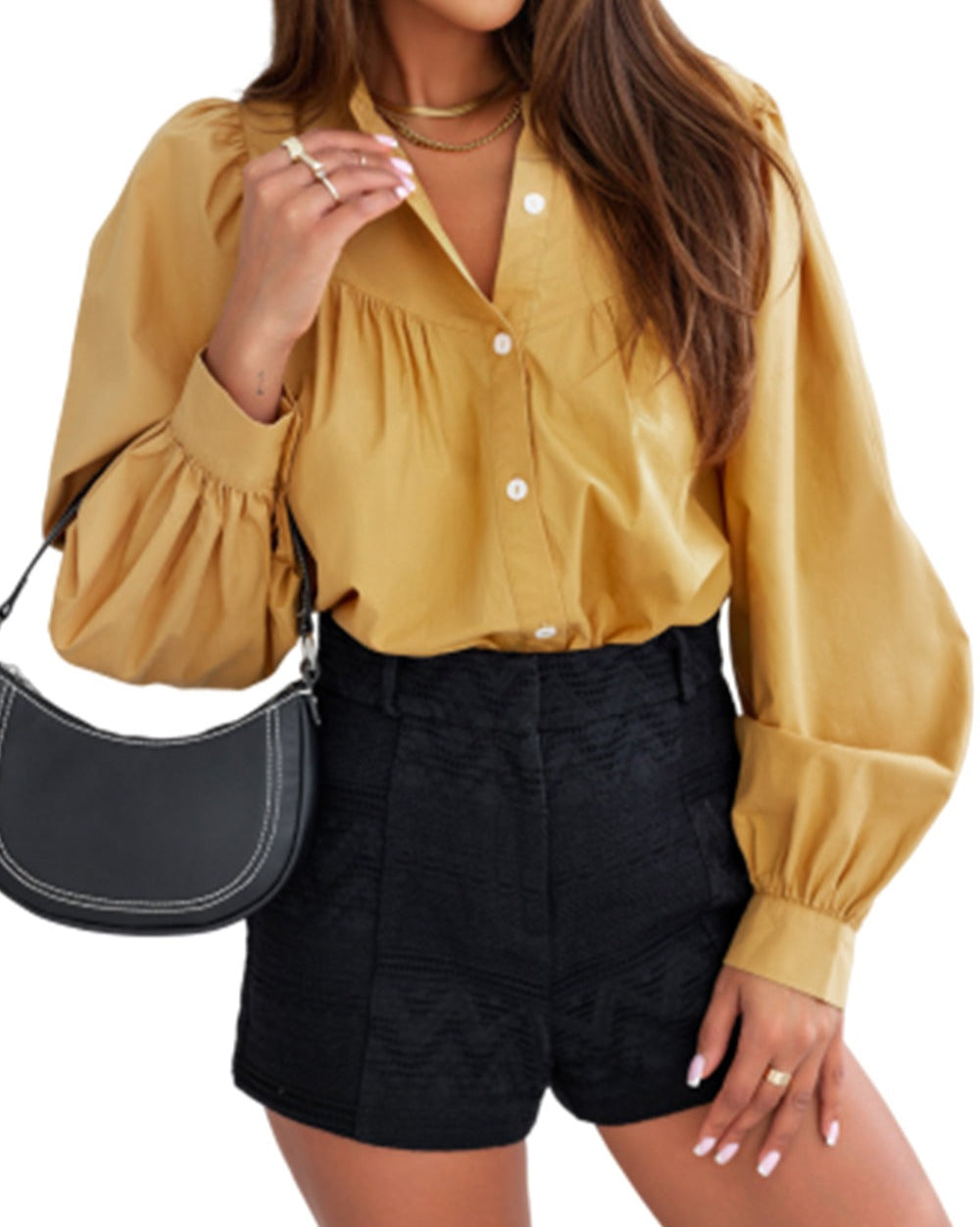 Pleated Puff Sleeve Buttoned Shirt