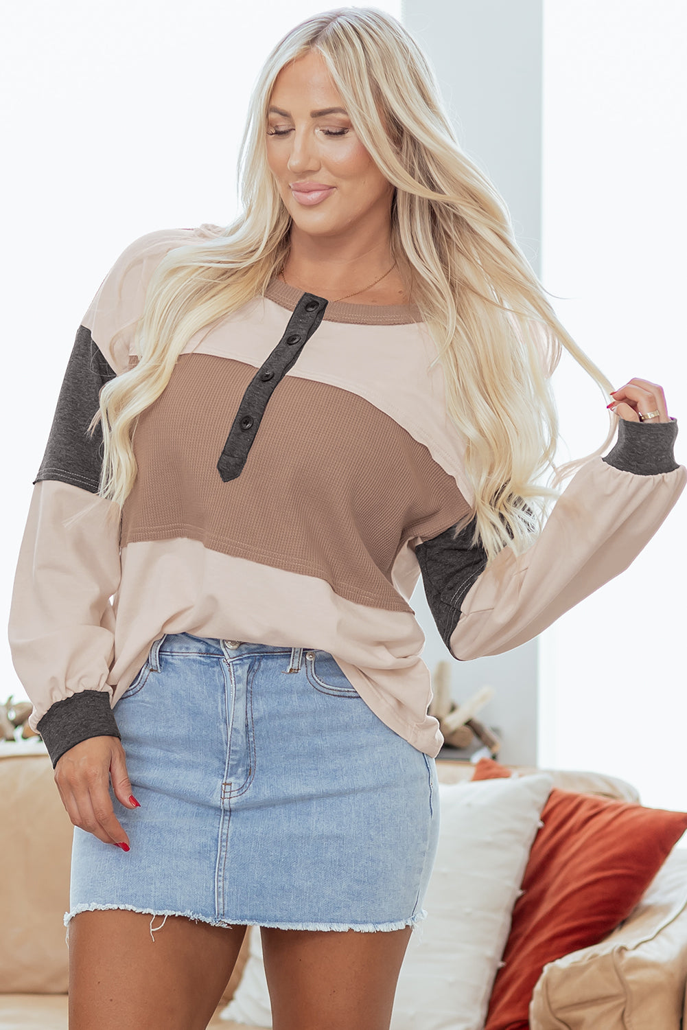 Colorblock Waffle Knit Patchwork Henley Top