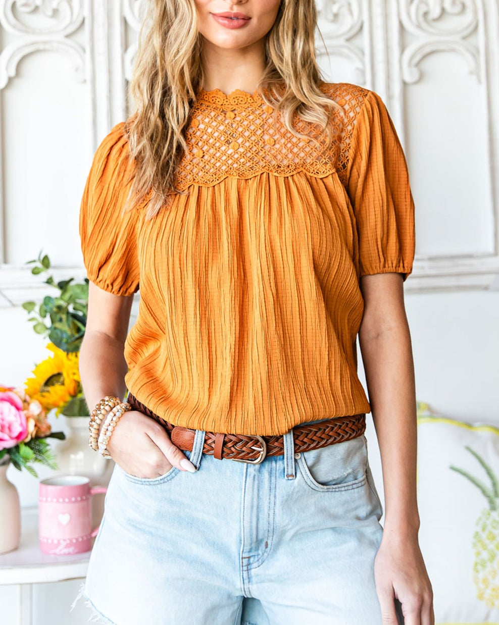 Lace Crinkle Puff Sleeve Blouse