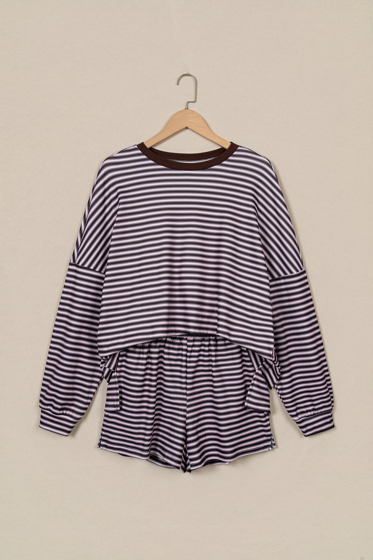 Stripe Oversized Long Sleeve Top & Pocketed Shorts Set