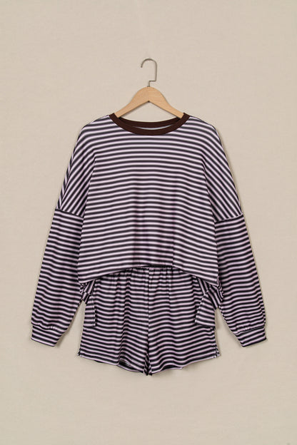 Stripe Oversized Long Sleeve Top & Pocketed Shorts Set