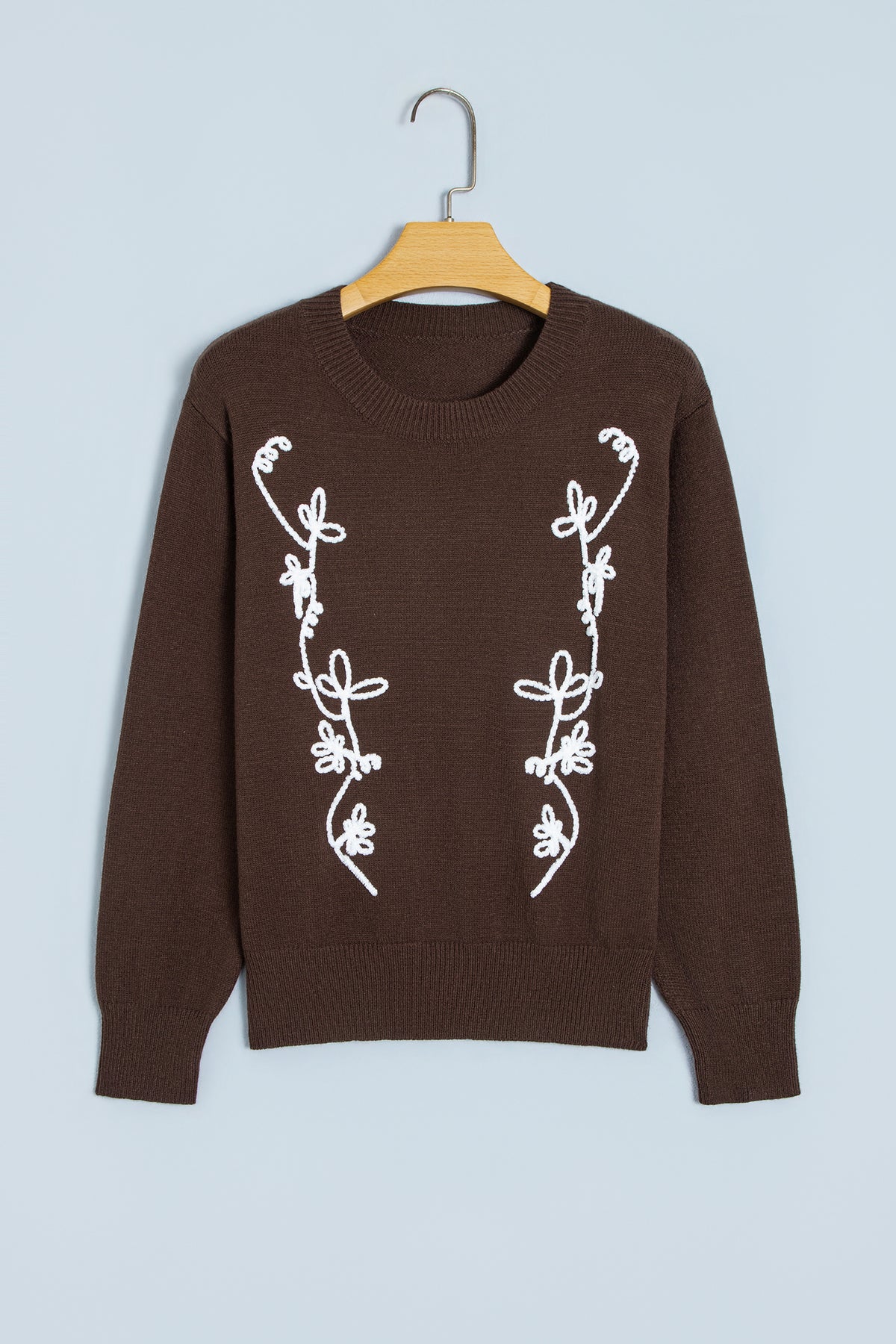 Floral Embroidered Round Neck Long Sleeve Sweater