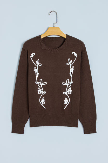 Floral Embroidered Round Neck Long Sleeve Sweater