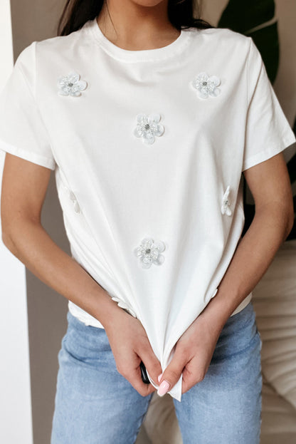 Floral Applique Round Neck T-Shirt