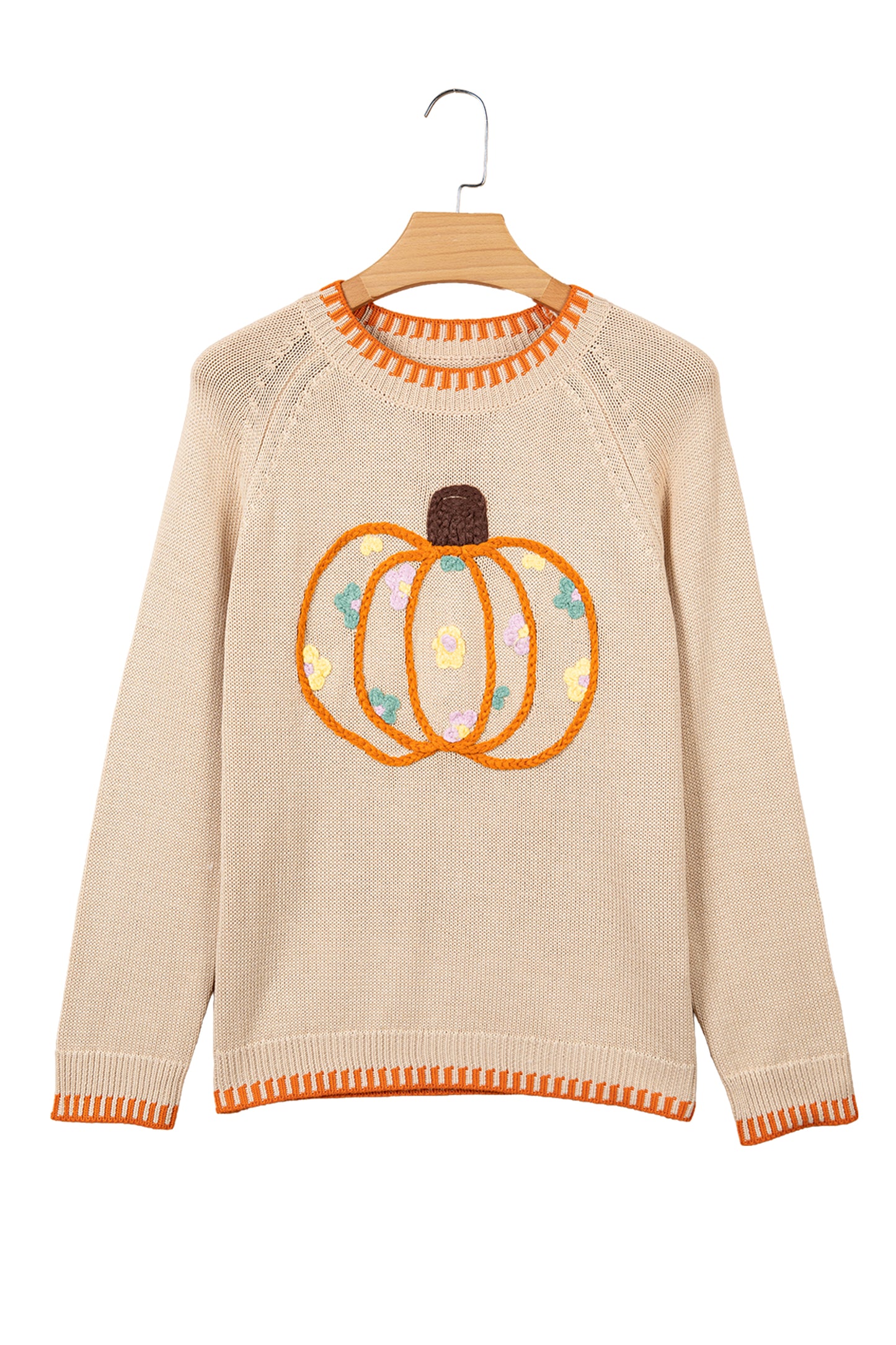 Pumpkin Floral Embroidered Round Neck Sweater