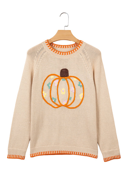 Pumpkin Floral Embroidered Round Neck Sweater