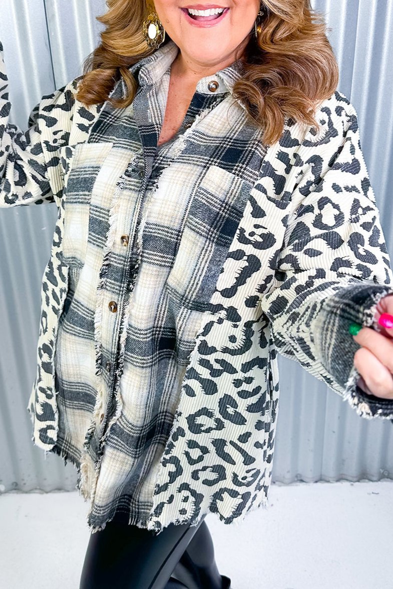 Plaid Leopard Patchwork Shacket Plus Size