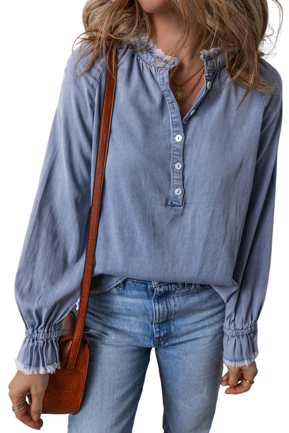 Denim Frilled Raw Edge Buttoned Top