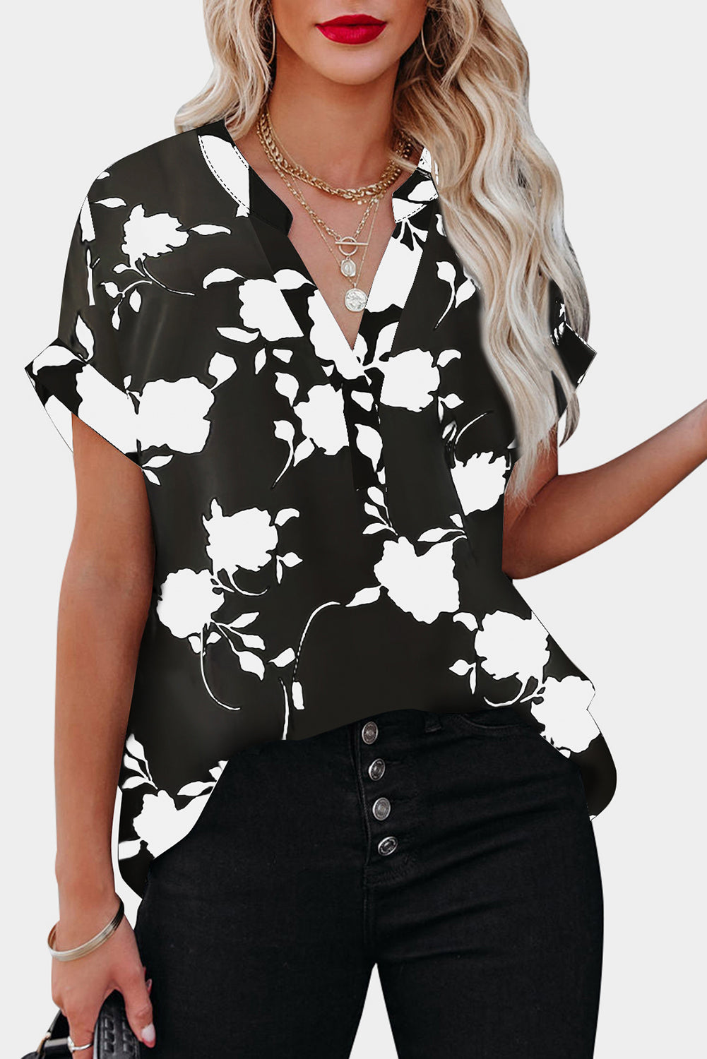 Floral Short Sleeve V-Neck Blouse