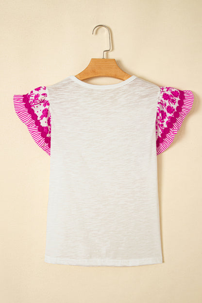 Floral Patchwork Flutter Sleeve Ricrac Trim Blouse