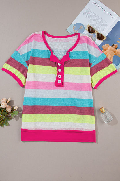 Stripe Short Sleeve Henley Top Plus Size