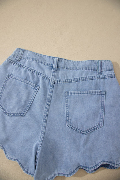 Solid Denim Scalloped Trim High Waist Shorts