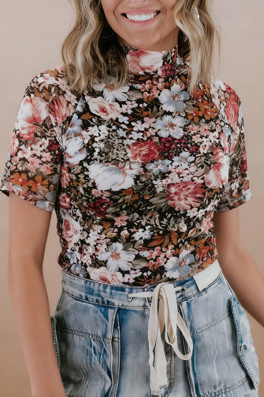 Floral Mesh Mock Neck Short Sleeve Top