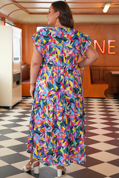 Plus Size Geometric Ruffle Sleeve Maxi Dress