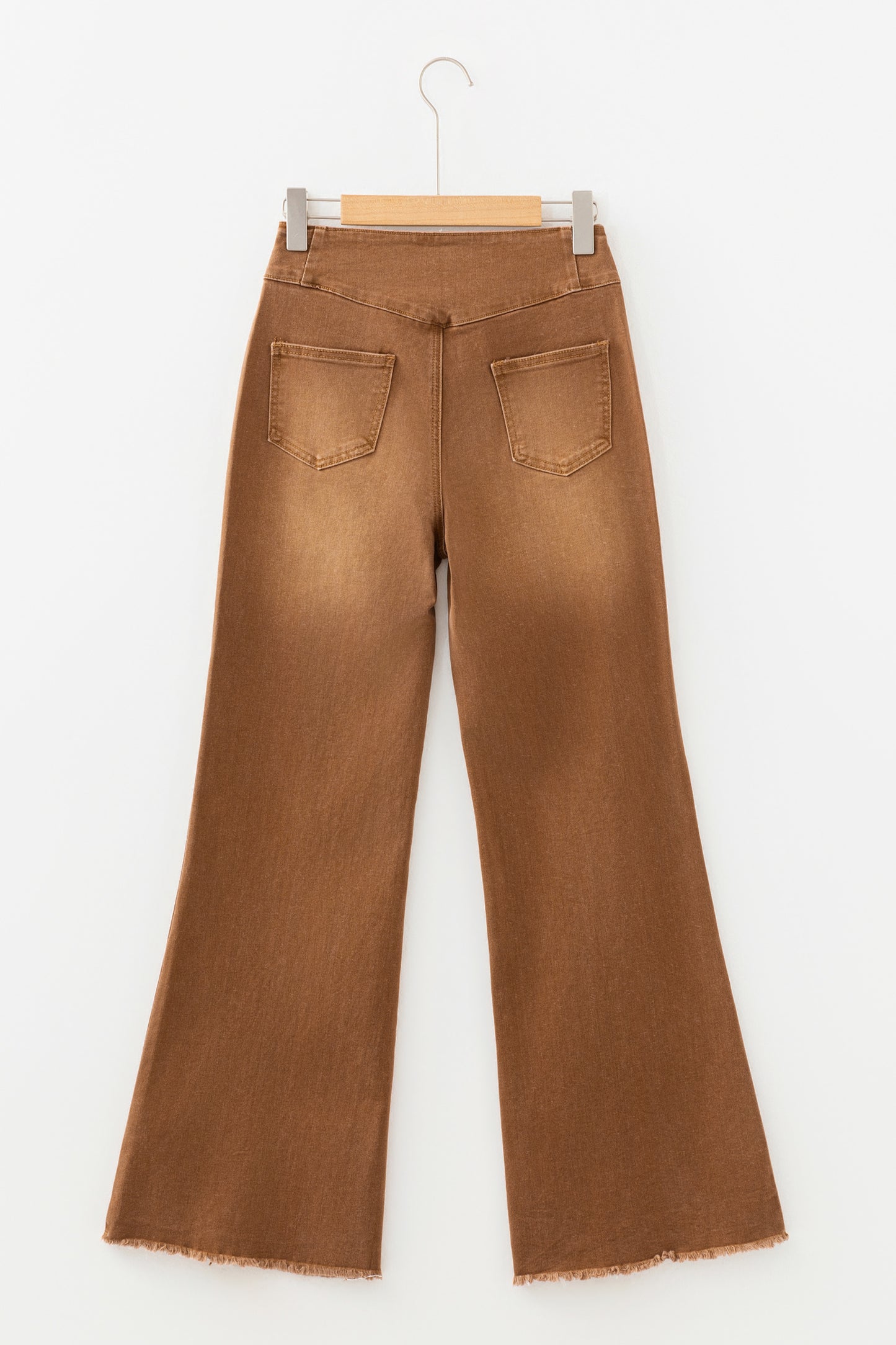 Solid Buttoned High Waist Raw Hem Flare Jeans