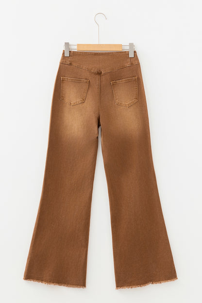 Solid Buttoned High Waist Raw Hem Flare Jeans