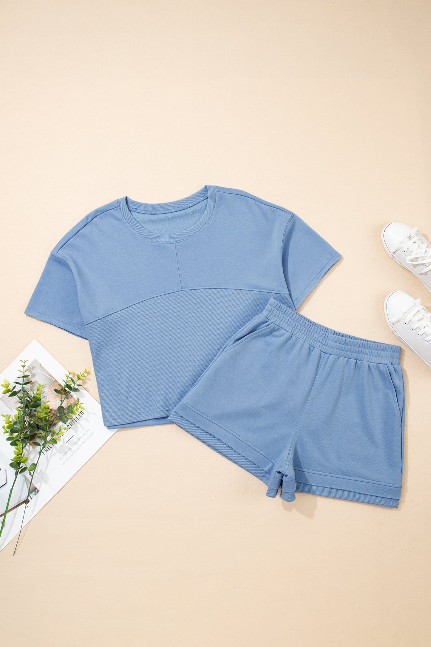 Solid Textured Raw Edge Top and Short Set